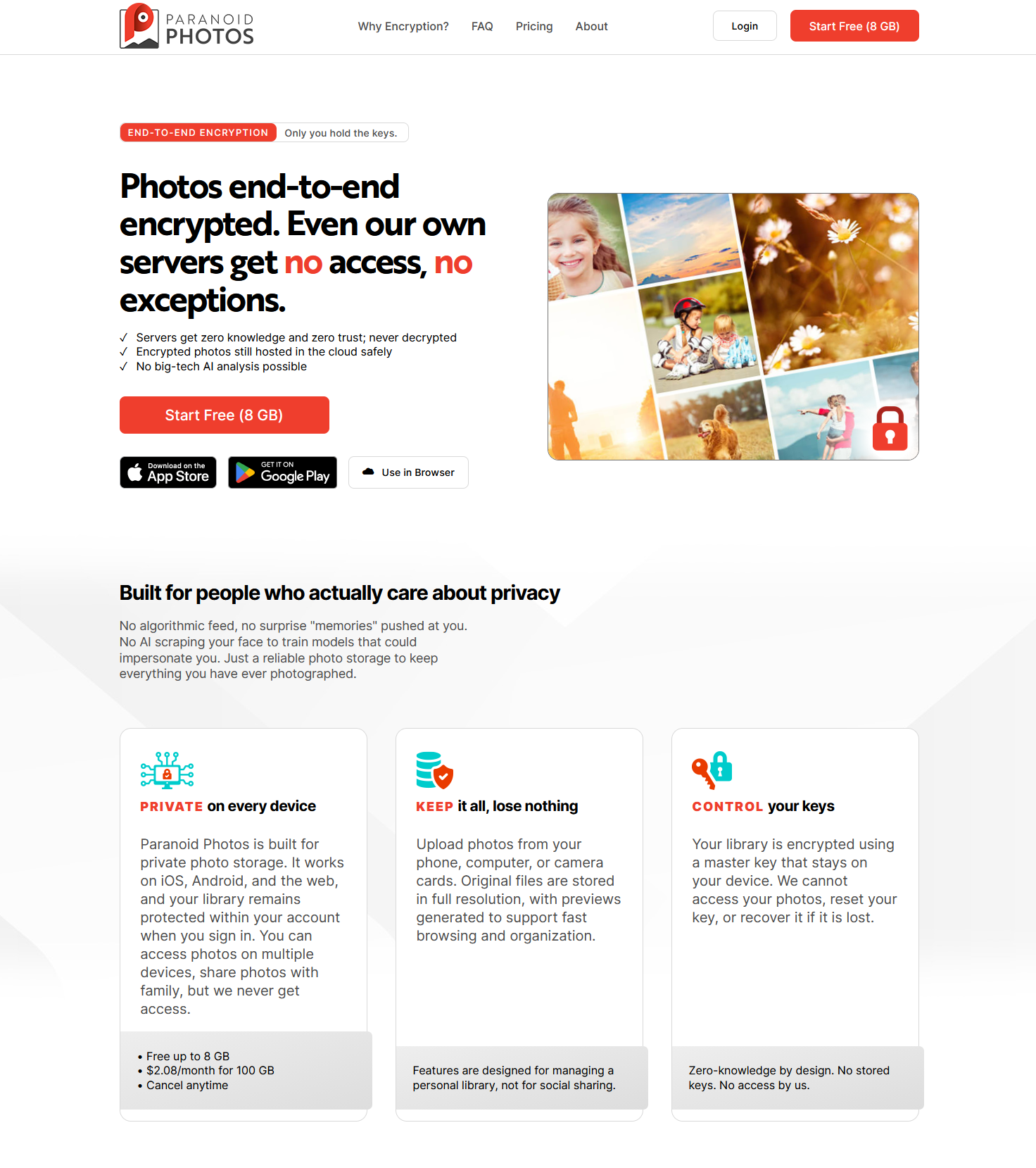 Paranoid Photos homepage and privacy feature cards
