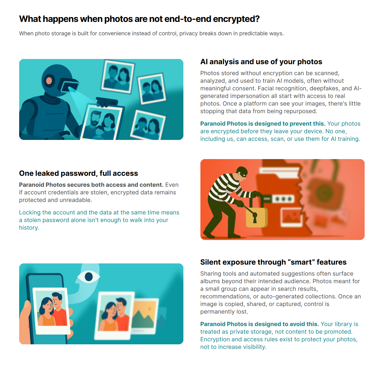 Paranoid Photos privacy explanations with original illustrations