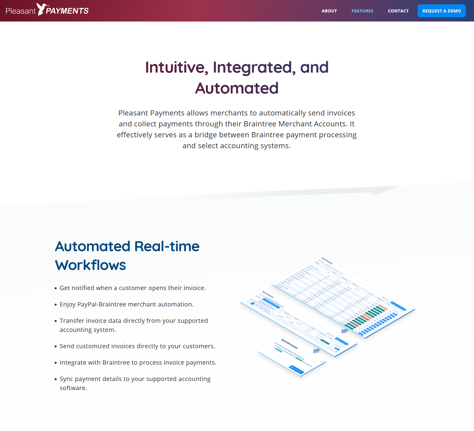 Pleasant Payments features and layered interface illustration