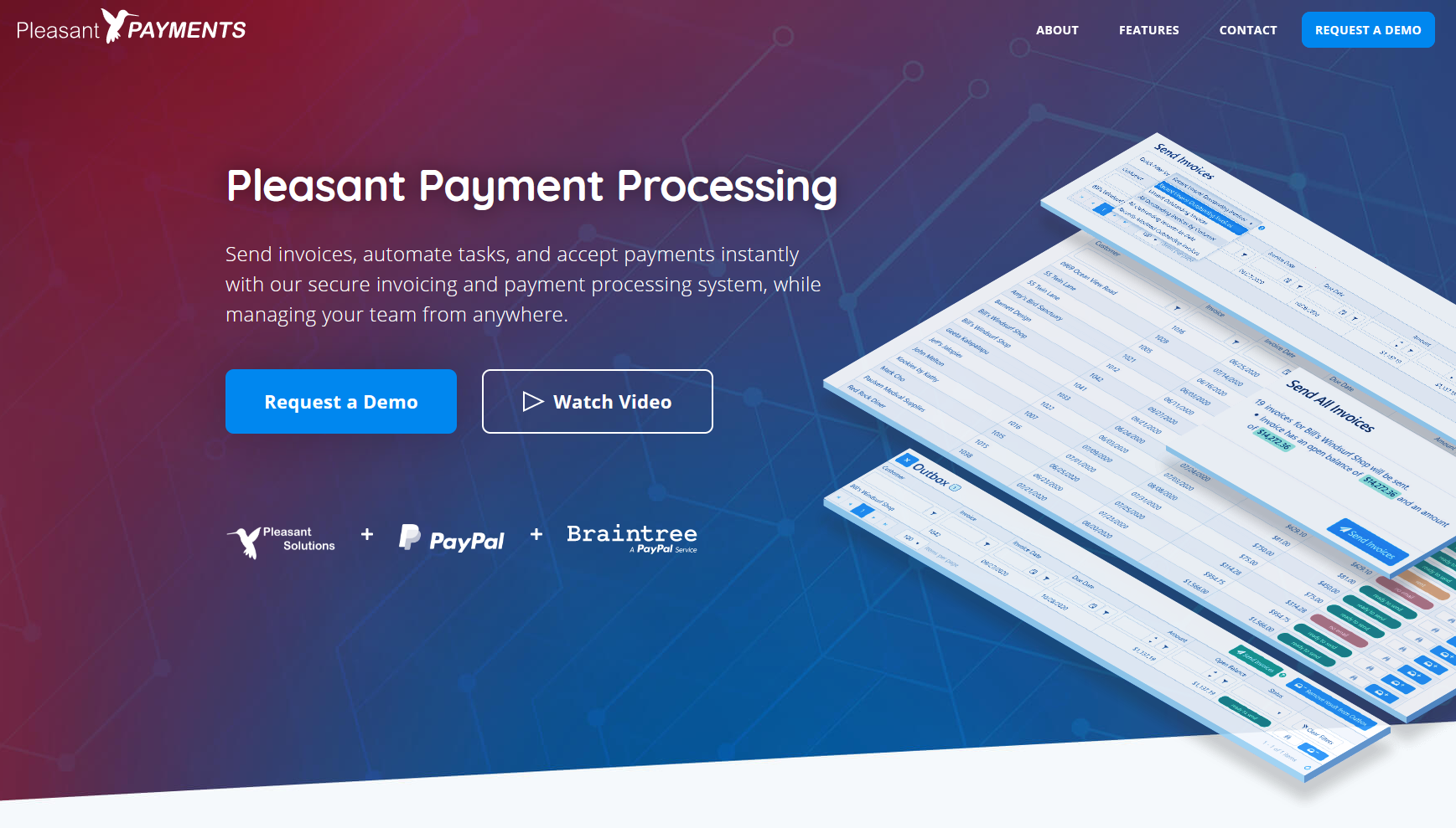 Pleasant Payments homepage with layered isometric interface panels