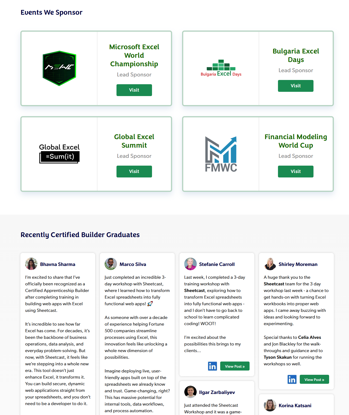 Sheetcast events and certified graduate testimonials