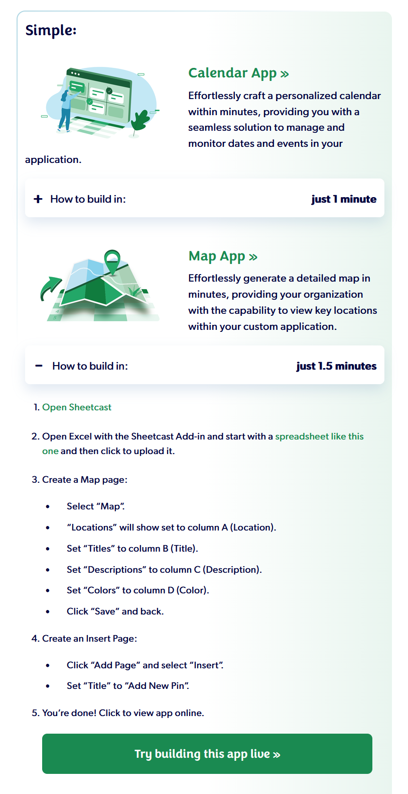 Sheetcast app-building instructions and expandable demonstrations